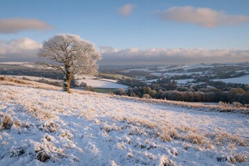 Aufkleber - Frosty winter landscape with a lone tree on a snow-covered hill, overlooking a valley under a partly cloudy sky.