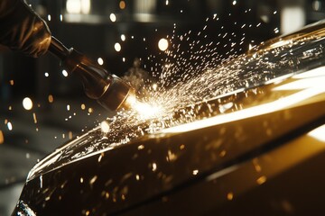 Aufkleber - Close-up shot of sparks flying during car body repair.