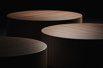Poster - Three dark brown wooden cylindrical display stands on black background.