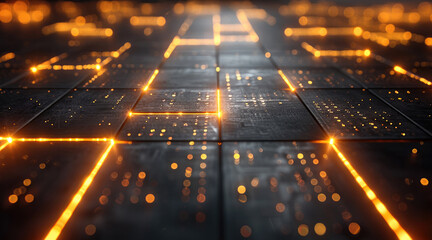 Fototapete - Futuristic chart grid with glowing golden arrow details on a shadowy black surface.