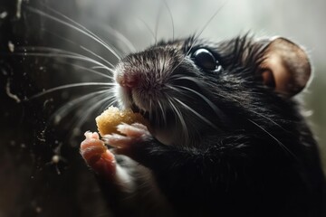 Poster - Close-up of a black hamster eating a small piece of food.