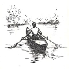 Wall Mural - Ink Drawing of a Person Rowing a Boat on a Calm Lake.