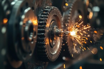 Aufkleber - Close-up of industrial machine gears with sparks during welding.