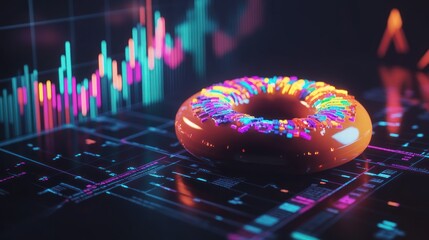 Aufkleber - A glazed donut sits on a futuristic digital display showing vibrant stock market graphs.