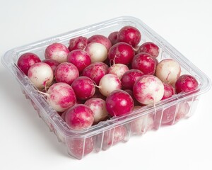 Wall Mural - Fresh red and white radishes in a clear plastic container on a white background.