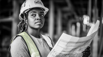 Poster - Focused female construction worker reviewing blueprints on a construction site.