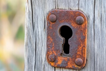 Poster - Close-up of a rusty keyhole on weathered wood.
