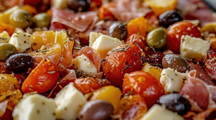 Poster - Close-up of delicious appetizer with prosciutto, olives, cheese, and tomatoes.