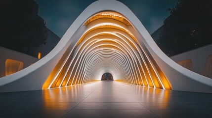 Poster - Illuminated architectural walkway with curved, white walls and orange lights.