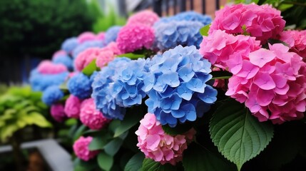 Wall Mural - Closeup of lush blooming hydrangea bushes showcasing the vibrant pastel shades of blue pink and purple flowers  A serene natural floral backdrop ideal for various uses