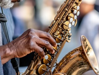 Aufkleber - Close-up of a musician's hands playing a golden saxophone.