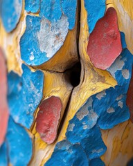 Poster - Close-up of weathered wood with peeling blue, red, and yellow paint, revealing a central hole.