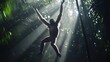 © Babycrab - Silhouetted orangutan leaping through sunlit rainforest canopy.
