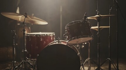 Poster - A dimly lit drum kit sits on a stage, ready for a performance.