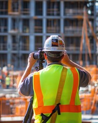 Aufkleber - Construction worker using camera at a building site.