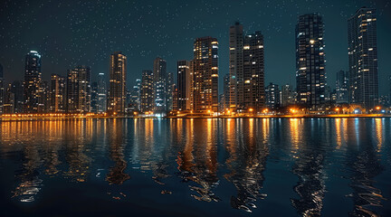 Aufkleber - City buildings skyscrapers at night waterfront.