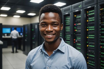 close portrait of a smiling young beninese male it worker looking at the camera, against dark server