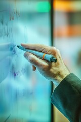 Poster - Close-up of a hand writing on a glass whiteboard, showcasing strategic planning and problem-solving.