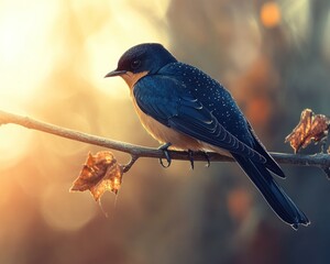 Poster - Small blue bird perched on a branch at sunset.