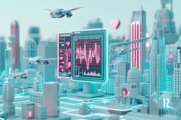 Poster - Futuristic city skyline with digital display showing data and flying vehicles.