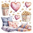 © Woranuch - Watercolor illustration of cozy movie night elements popcorn buckets, hearts, pillows, and a blanket.