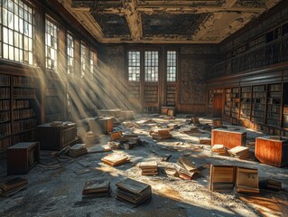 Poster - Sunbeams illuminate a decaying library filled with scattered books and furniture.