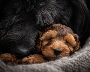 Wall Mural - Close-up of a small brown puppy sleeping peacefully nestled against a larger black dog.