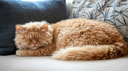 Wall Mural - Fluffy ginger cat curled up sleeping peacefully on a cream sofa between pillows.