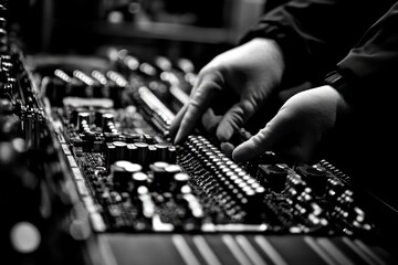 Aufkleber - Gloved hands meticulously repairing a complex circuit board.