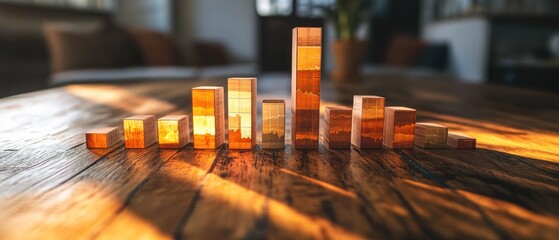 Wall Mural - Wooden blocks forming a bar graph on a wooden table, illuminated by sunlight.