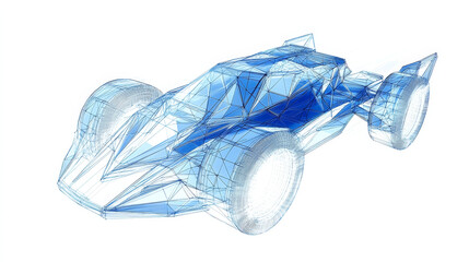 Wall Mural - Low Poly wireframe F1 bolid car. High Speed concept. Vector bolide mesh spheres from flying debris. Thin line concept. Blue structure style illustration. Sport polygonal image