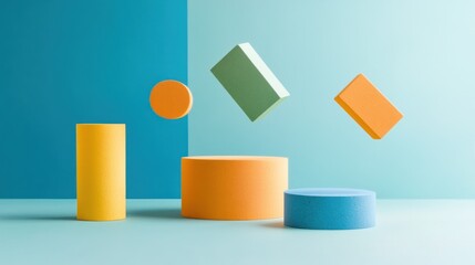 Aufkleber - Colorful geometric shapes levitate against a teal background.