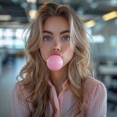 Poster - In an office, A pretty girl put gum in her mouth and chewed.