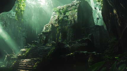 Aufkleber - Sunbeams illuminate a moss-covered ancient stone temple hidden deep within a lush jungle cave.