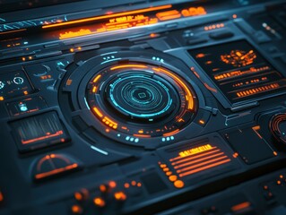 Fototapete - Futuristic technology interface with glowing orange and blue elements.
