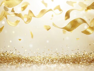 Poster - Golden ribbons and glitter sparkle on beige background.