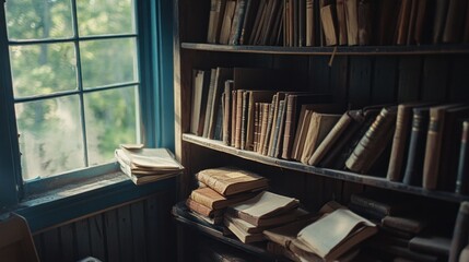 Poster - Sunlit corner with antique books on wooden shelves near window.
