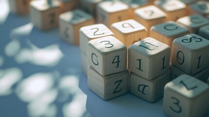 Poster - Close-up of scattered wooden blocks with numbers and letters, illuminated by sunlight.