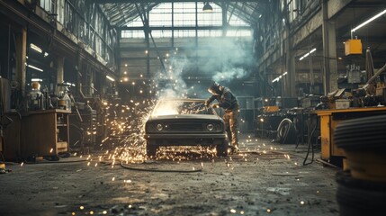 Aufkleber - A welder repairs a vintage car in a large industrial workshop, sparks flying.
