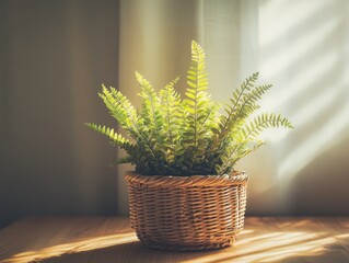 Poster - A potted fern plant sits on a wooden table in sunlight.