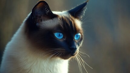 Poster - Close-up portrait of a Siamese cat with striking blue eyes, looking to the side.