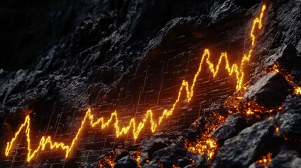 Aufkleber - Fiery orange stock market graph etched into dark, glowing rock face.