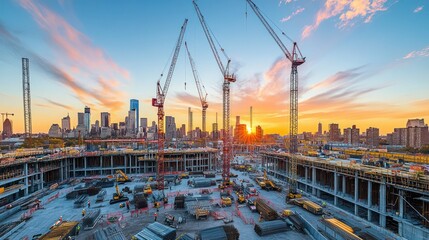 Aufkleber - Construction site at sunset with city skyline.