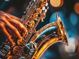 Poster - Close-up of hands playing a gold saxophone at a dimly lit concert.