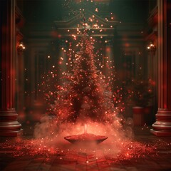 Fototapete - a Christmas tree came out from magician hat and floating in a room with red and green ambience, magical scene, Christmas vibe.