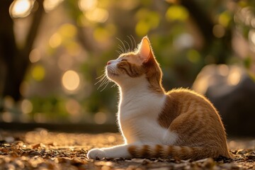 Wall Mural - Orange and white cat basking in golden sunset light outdoors.