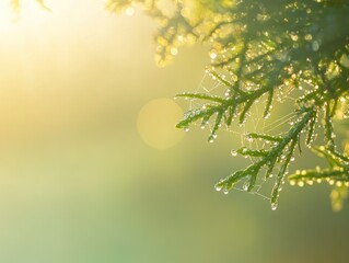 Fototapete - Dew drops on evergreen branch at sunrise.