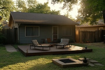 Aufkleber - Suburban home backyard with deck, patio furniture, and fire pit at sunset.