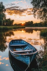 Poster - Serene sunset over calm river with small rowboat.