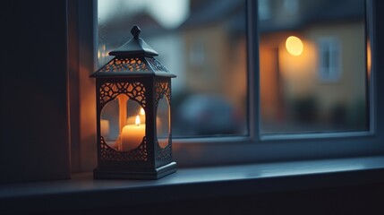 Poster - Illuminated candle lantern sits on a windowsill at dusk, overlooking a blurred suburban street.